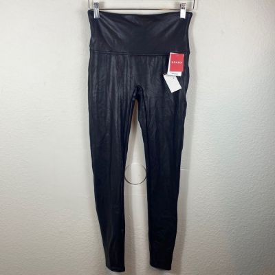 NWT Spanx Large Faux Leather Leggings Black Shiny Compression